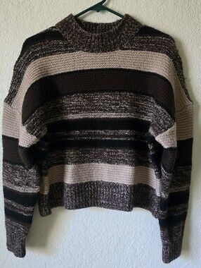 Aqua Women's Brown, Cream & Black Striped Crewneck Sweater